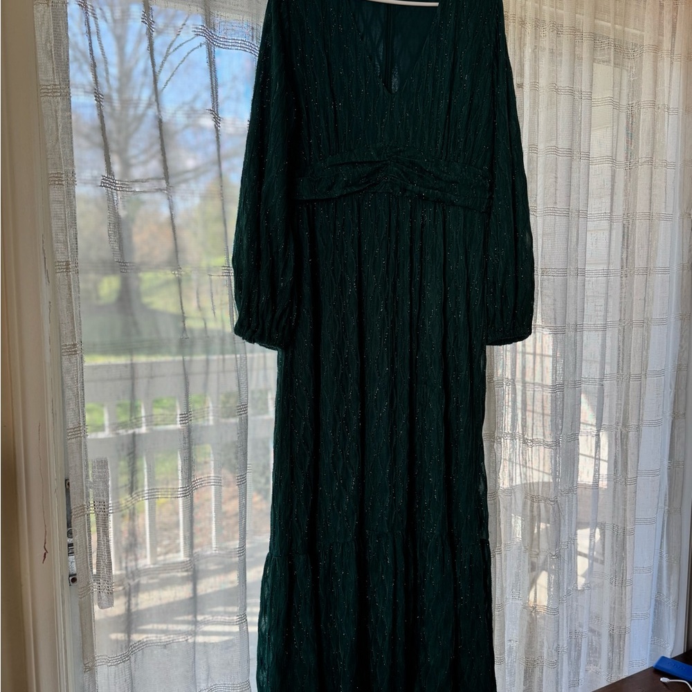 Boston Proper Dark Green Maxi Dress with Metallic Threading